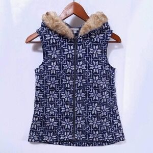 Talbots Snowflake Fleece Hooded Vest Womens P Navy White  Full Zip Faux Fur Trim